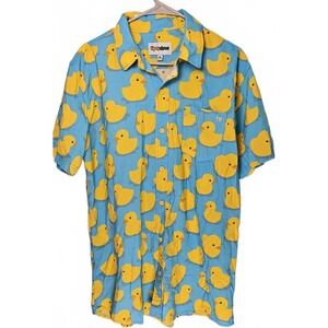 Tipsy Elves Mens Blue Rubber Ducky Print Short Sleeve Button Down Shirt Large